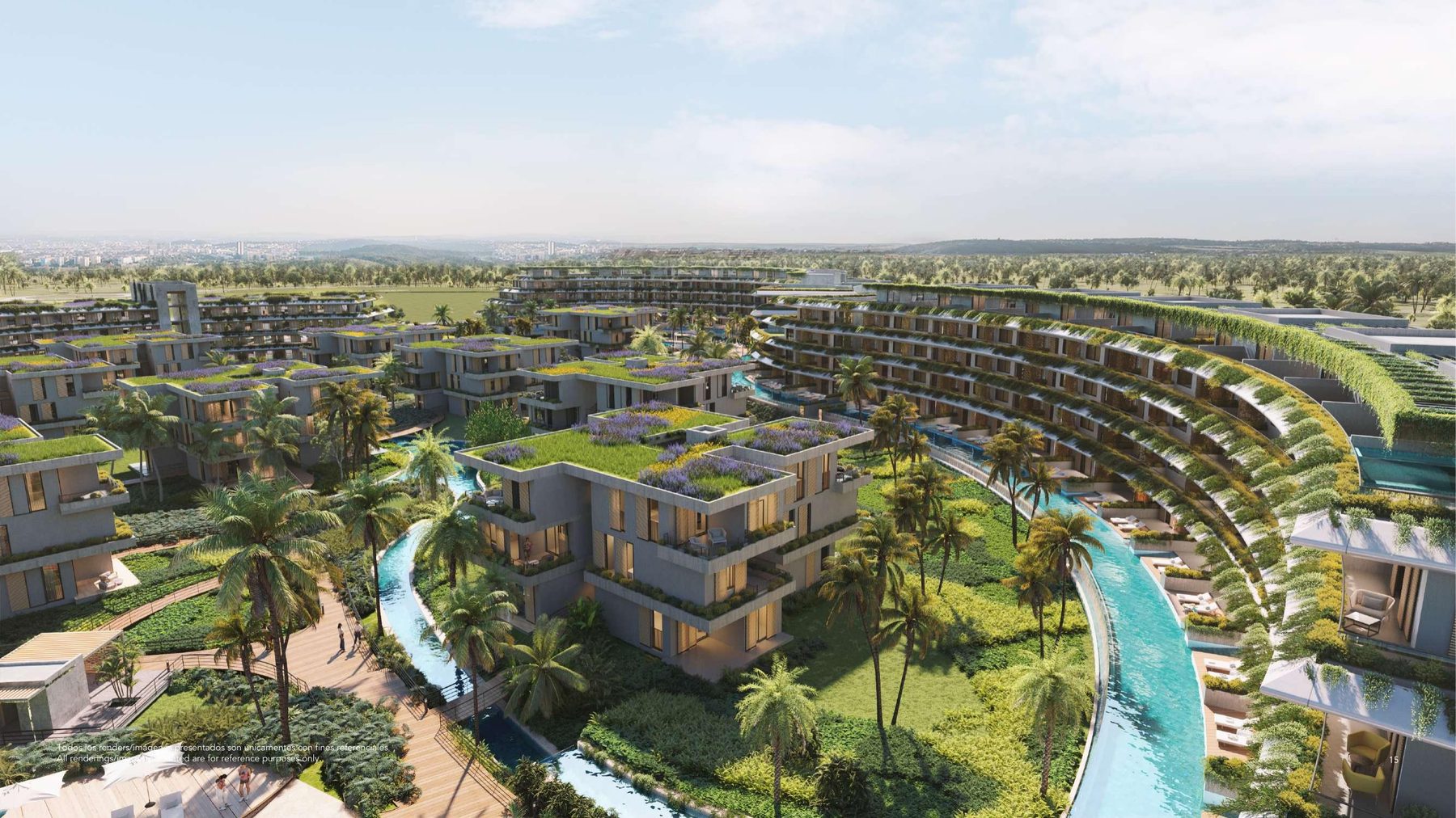 Vista aérea de River Island, con canales y piscinas interconectadas